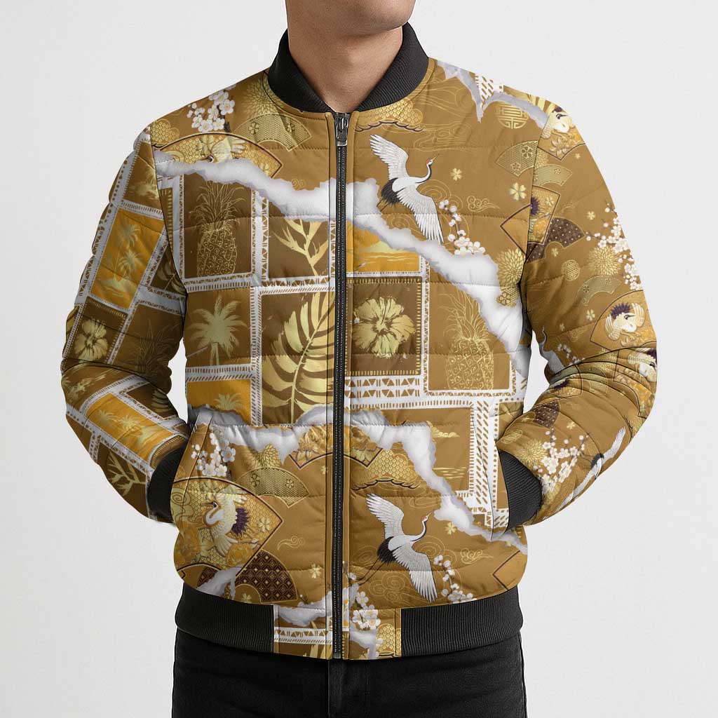Hawaii Japanese Culture Gold Bomber Puffer Jacket Spring Cranes Aloha Pattern LT01 - Polynesian Pride