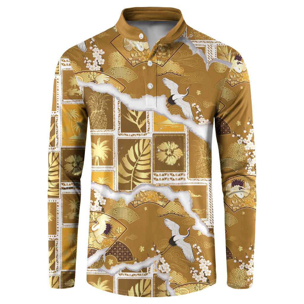Hawaii Japanese Culture Gold Button Sweatshirt Spring Cranes Aloha Pattern LT01 Gold - Polynesian Pride