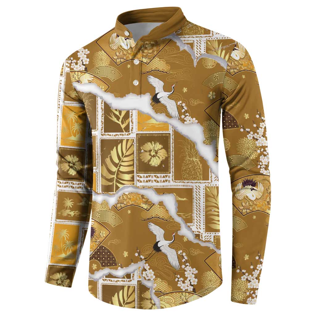 Hawaii Japanese Culture Gold Button Sweatshirt Spring Cranes Aloha Pattern LT01 - Polynesian Pride