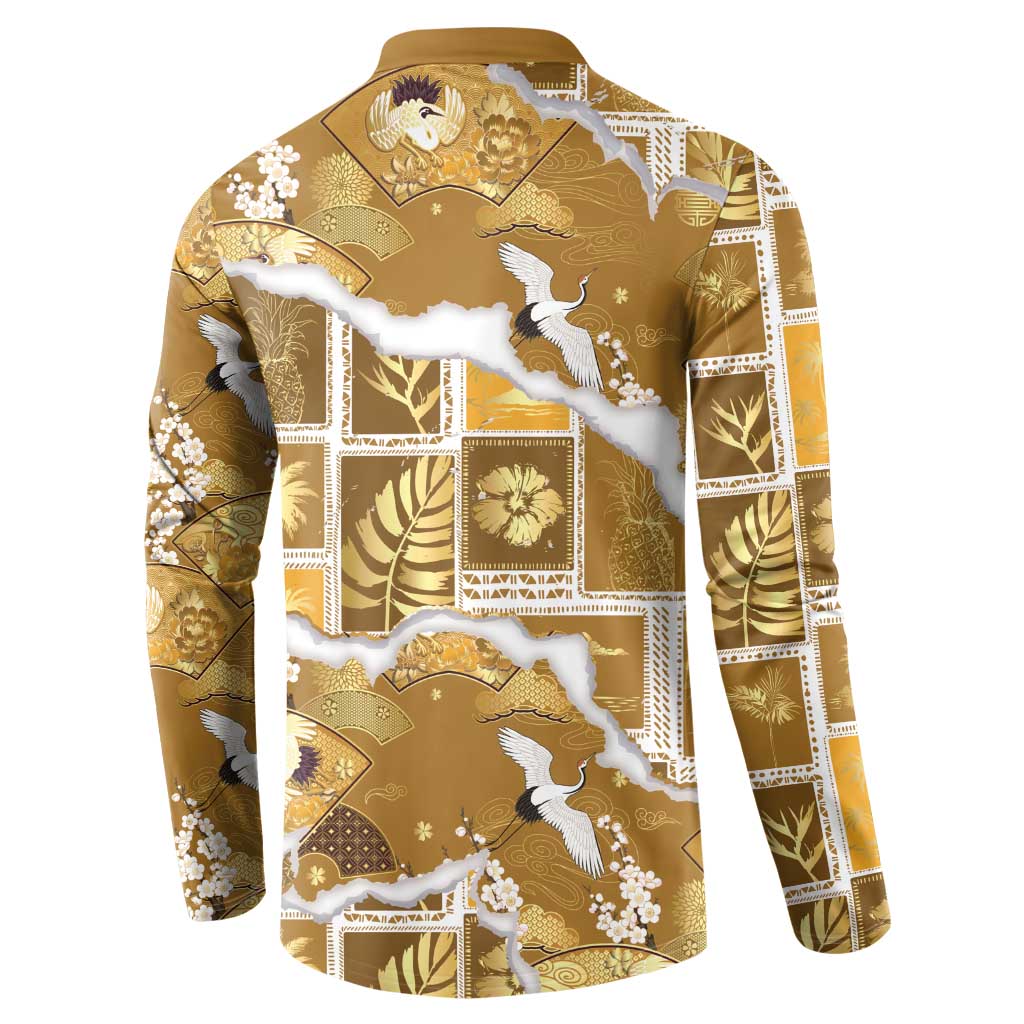 Hawaii Japanese Culture Gold Button Sweatshirt Spring Cranes Aloha Pattern LT01 - Polynesian Pride
