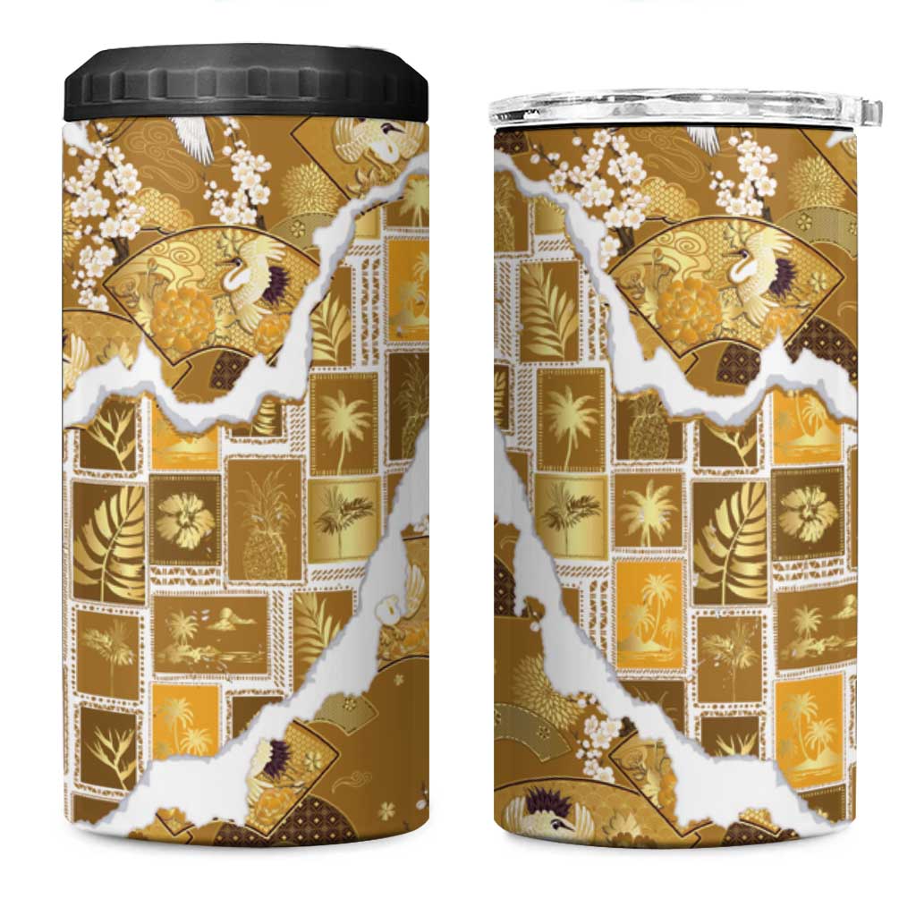 Hawaii Japanese Culture Gold 4 in 1 Can Cooler Tumbler Spring Cranes Aloha Pattern LT01 One Size: 16 oz Gold - Polynesian Pride