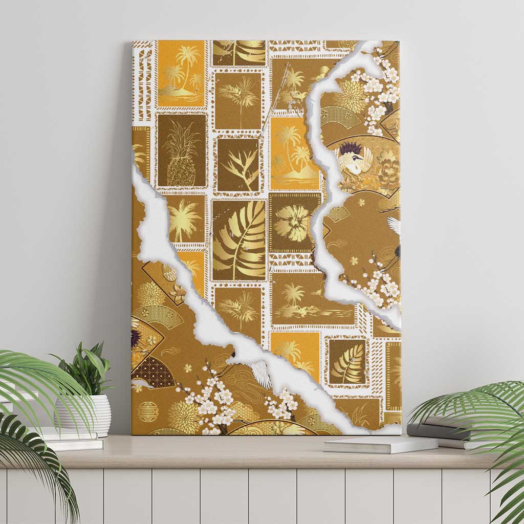Hawaii Japanese Culture Gold Canvas Wall Art Spring Cranes Aloha Pattern LT01 - Polynesian Pride
