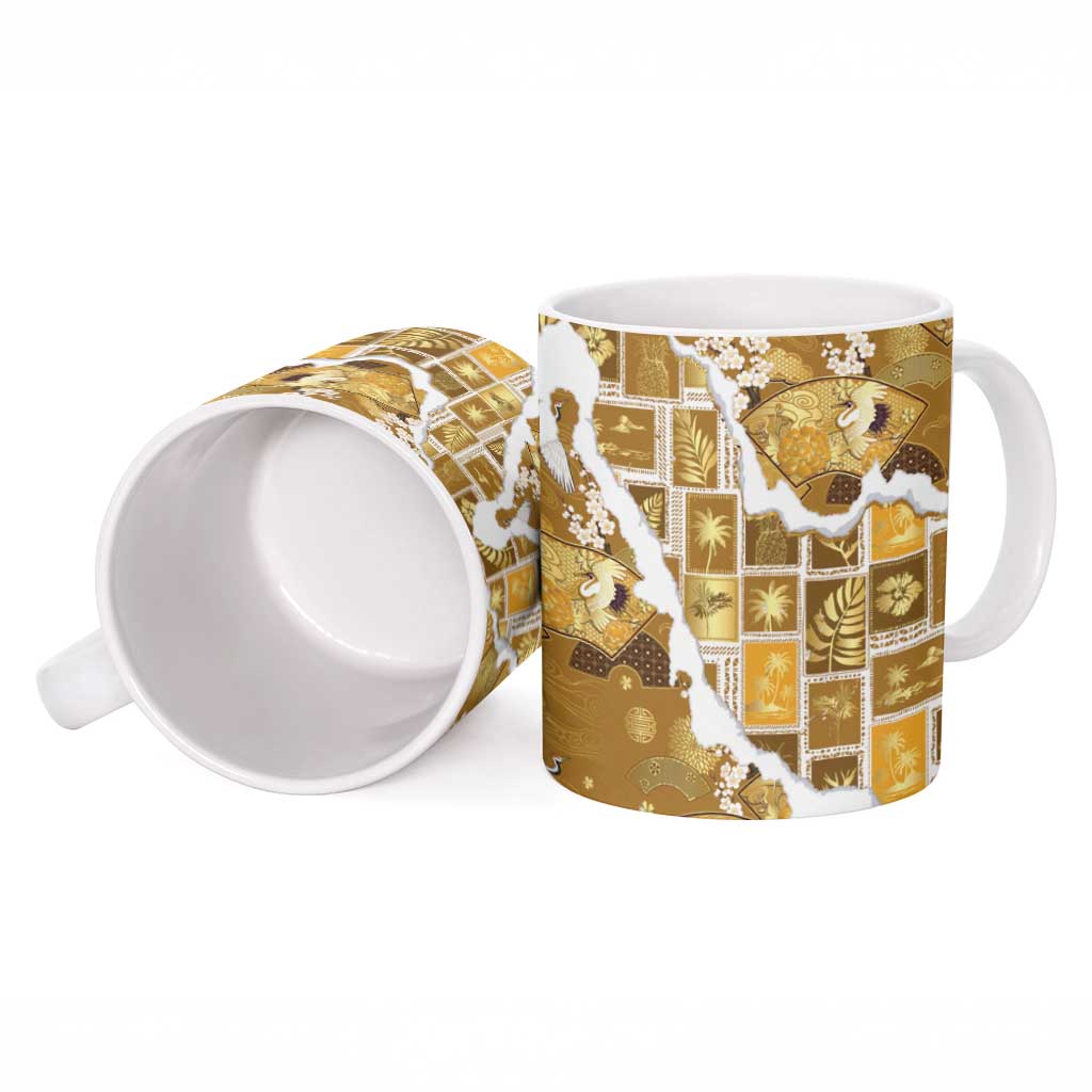 Hawaii Japanese Culture Gold Ceramic Mug Spring Cranes Aloha Pattern LT01 - Polynesian Pride