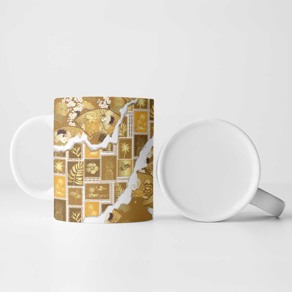 Hawaii Japanese Culture Gold Ceramic Mug Spring Cranes Aloha Pattern LT01 - Polynesian Pride