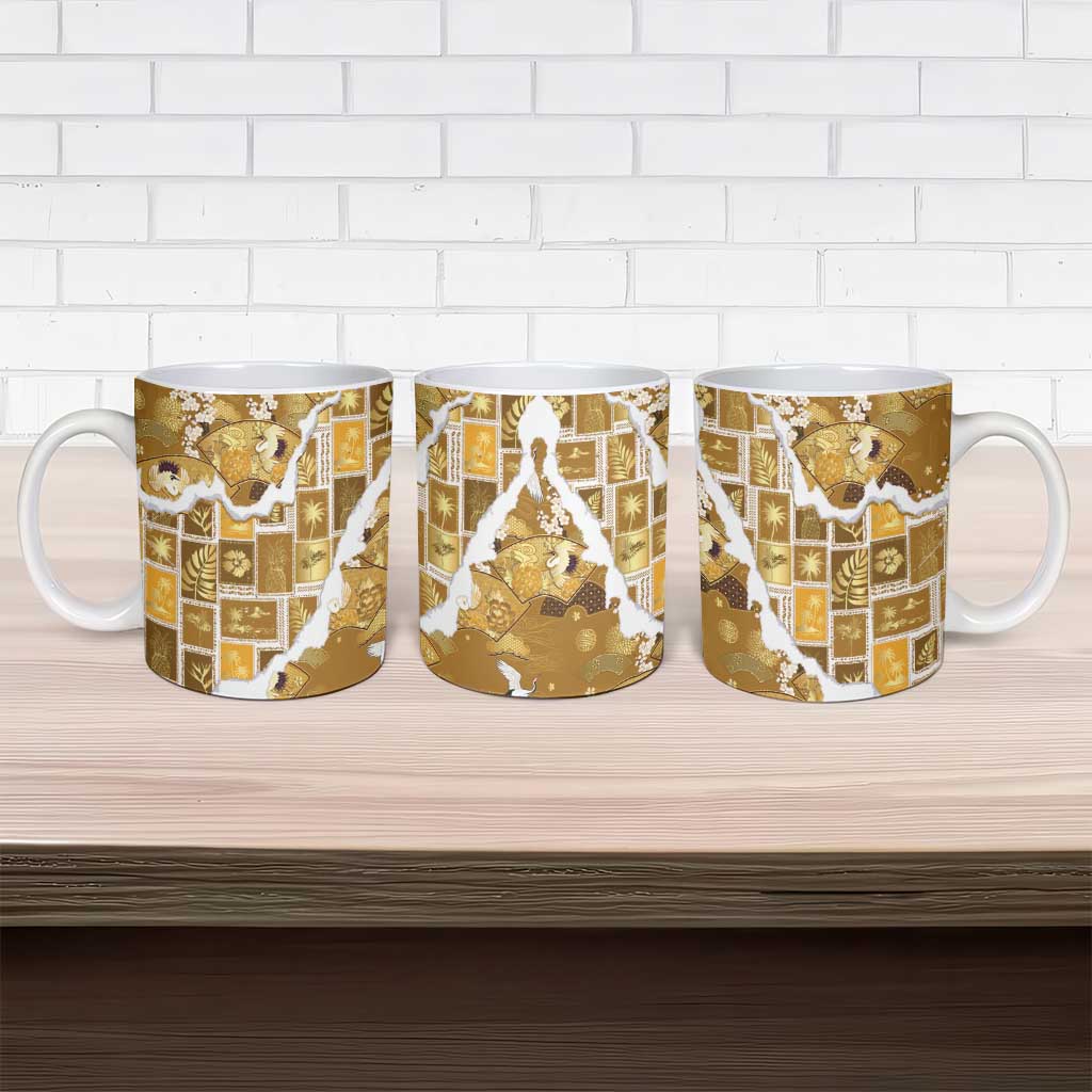 Hawaii Japanese Culture Gold Ceramic Mug Spring Cranes Aloha Pattern LT01 - Polynesian Pride