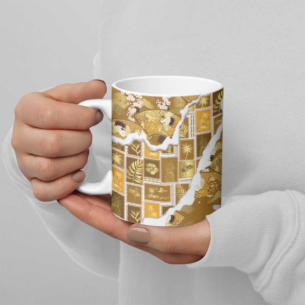 Hawaii Japanese Culture Gold Ceramic Mug Spring Cranes Aloha Pattern LT01 - Polynesian Pride