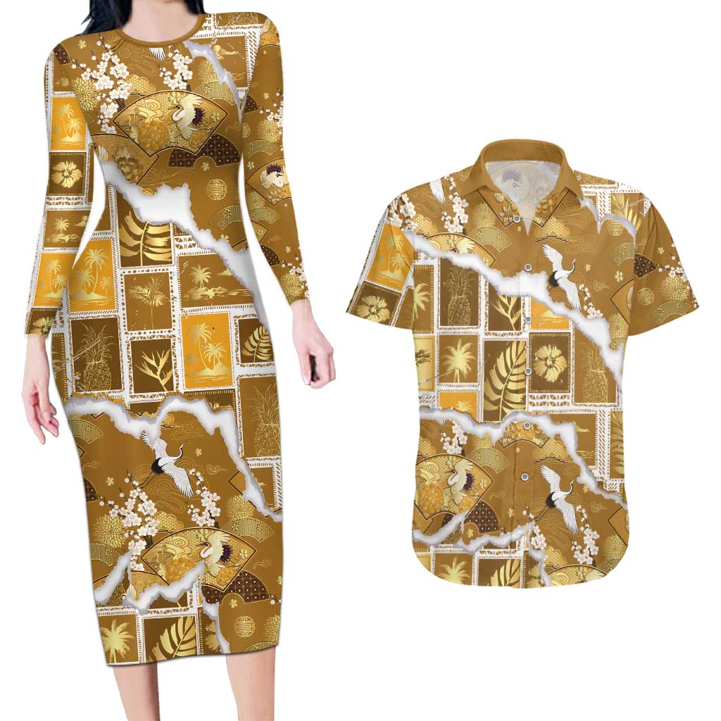Hawaii Japanese Culture Gold Couples Matching Long Sleeve Bodycon Dress and Hawaiian Shirt Spring Cranes Aloha Pattern LT01 Gold - Polynesian Pride