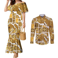 Hawaii Japanese Culture Gold Couples Matching Mermaid Dress and Long Sleeve Button Shirt Spring Cranes Aloha Pattern LT01 Gold - Polynesian Pride