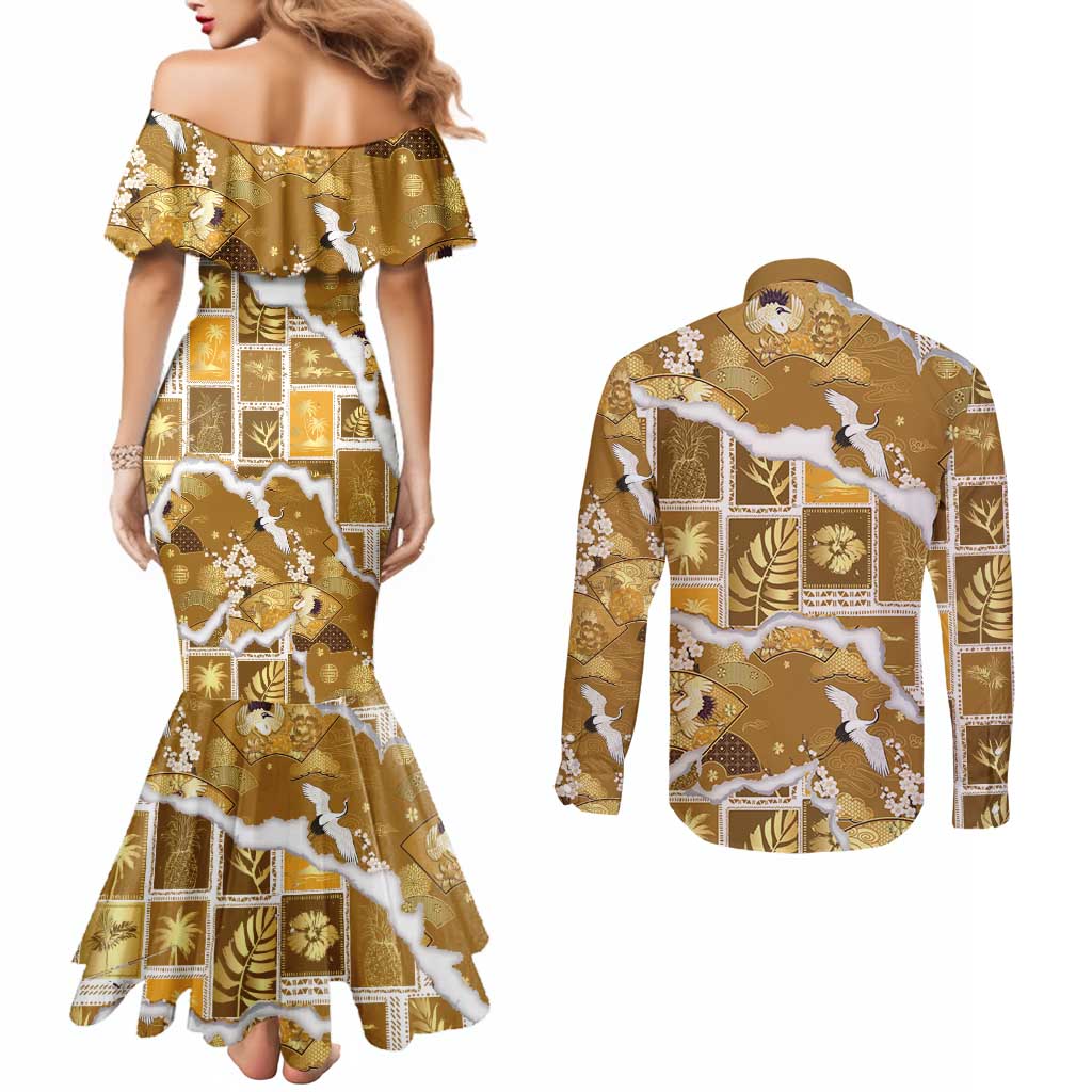 Hawaii Japanese Culture Gold Couples Matching Mermaid Dress and Long Sleeve Button Shirt Spring Cranes Aloha Pattern LT01 - Polynesian Pride