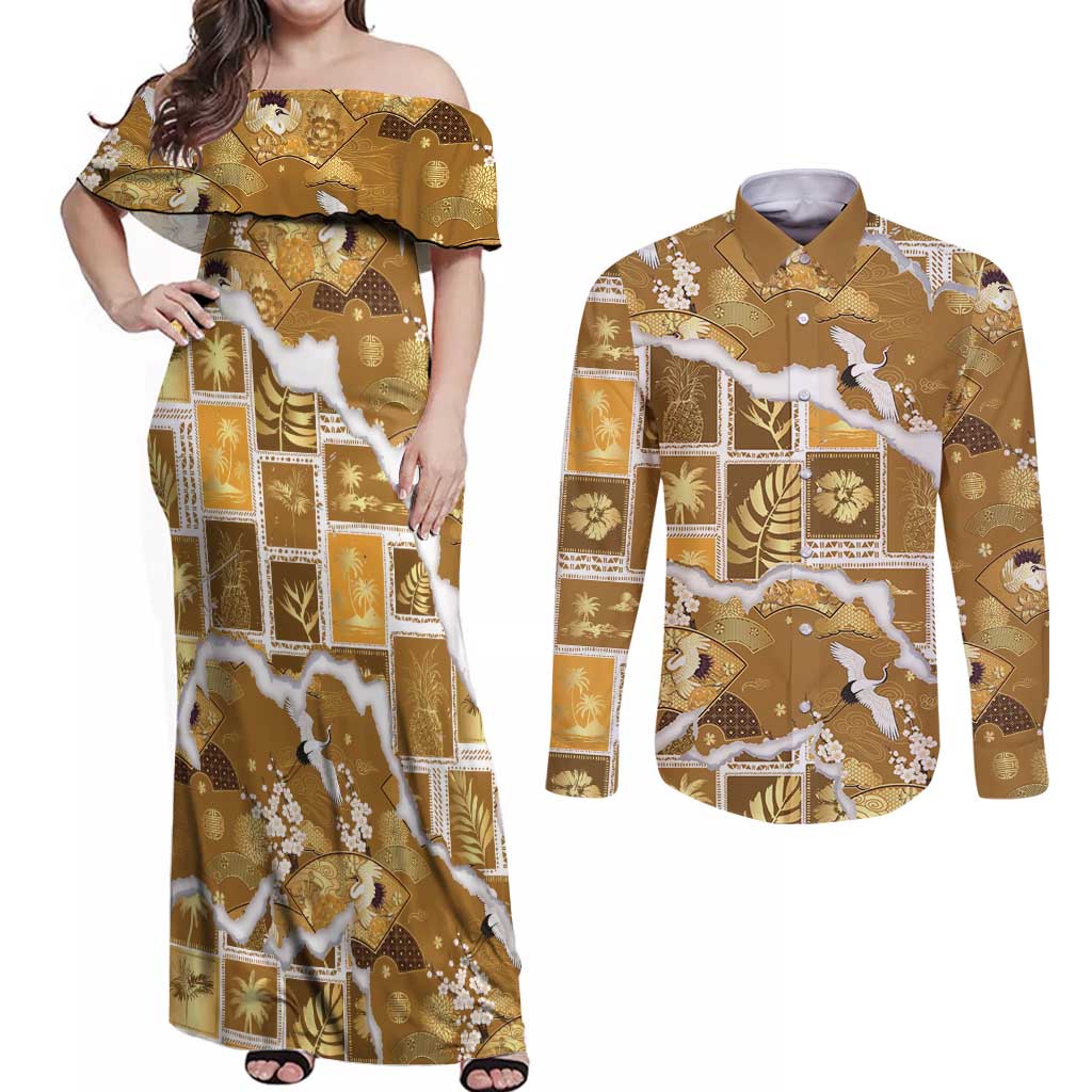 Hawaii Japanese Culture Gold Couples Matching Off Shoulder Maxi Dress and Long Sleeve Button Shirt Spring Cranes Aloha Pattern LT01 Gold - Polynesian Pride