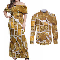 Hawaii Japanese Culture Gold Couples Matching Off Shoulder Maxi Dress and Long Sleeve Button Shirt Spring Cranes Aloha Pattern LT01 Gold - Polynesian Pride