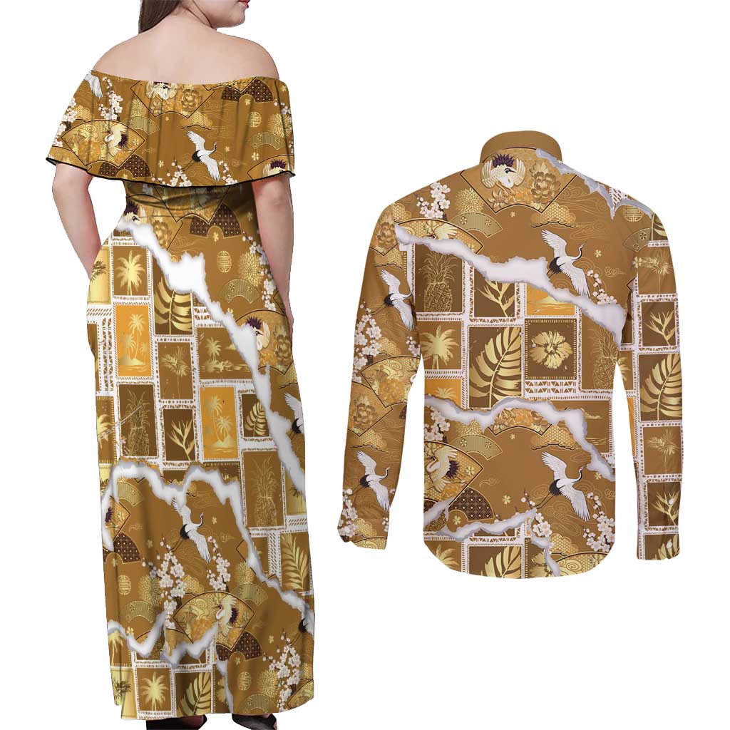 Hawaii Japanese Culture Gold Couples Matching Off Shoulder Maxi Dress and Long Sleeve Button Shirt Spring Cranes Aloha Pattern LT01 - Polynesian Pride