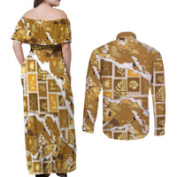 Hawaii Japanese Culture Gold Couples Matching Off Shoulder Maxi Dress and Long Sleeve Button Shirt Spring Cranes Aloha Pattern LT01 - Polynesian Pride