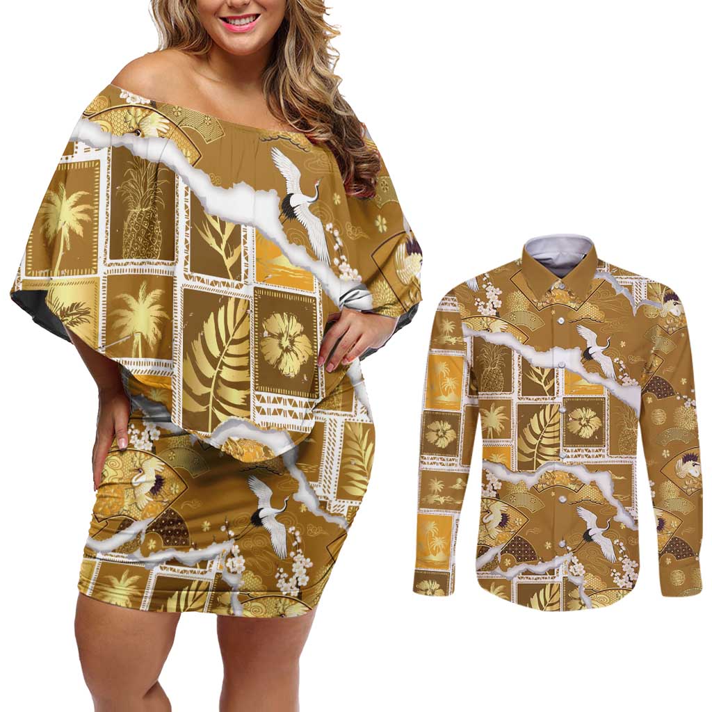 Hawaii Japanese Culture Gold Couples Matching Off Shoulder Short Dress and Long Sleeve Button Shirt Spring Cranes Aloha Pattern LT01 Gold - Polynesian Pride