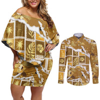 Hawaii Japanese Culture Gold Couples Matching Off Shoulder Short Dress and Long Sleeve Button Shirt Spring Cranes Aloha Pattern