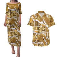 Hawaii Japanese Culture Gold Couples Matching Puletasi and Hawaiian Shirt Spring Cranes Aloha Pattern LT01 Gold - Polynesian Pride