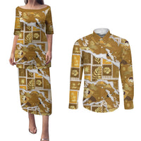 Hawaii Japanese Culture Gold Couples Matching Puletasi and Long Sleeve Button Shirt Spring Cranes Aloha Pattern LT01 Gold - Polynesian Pride
