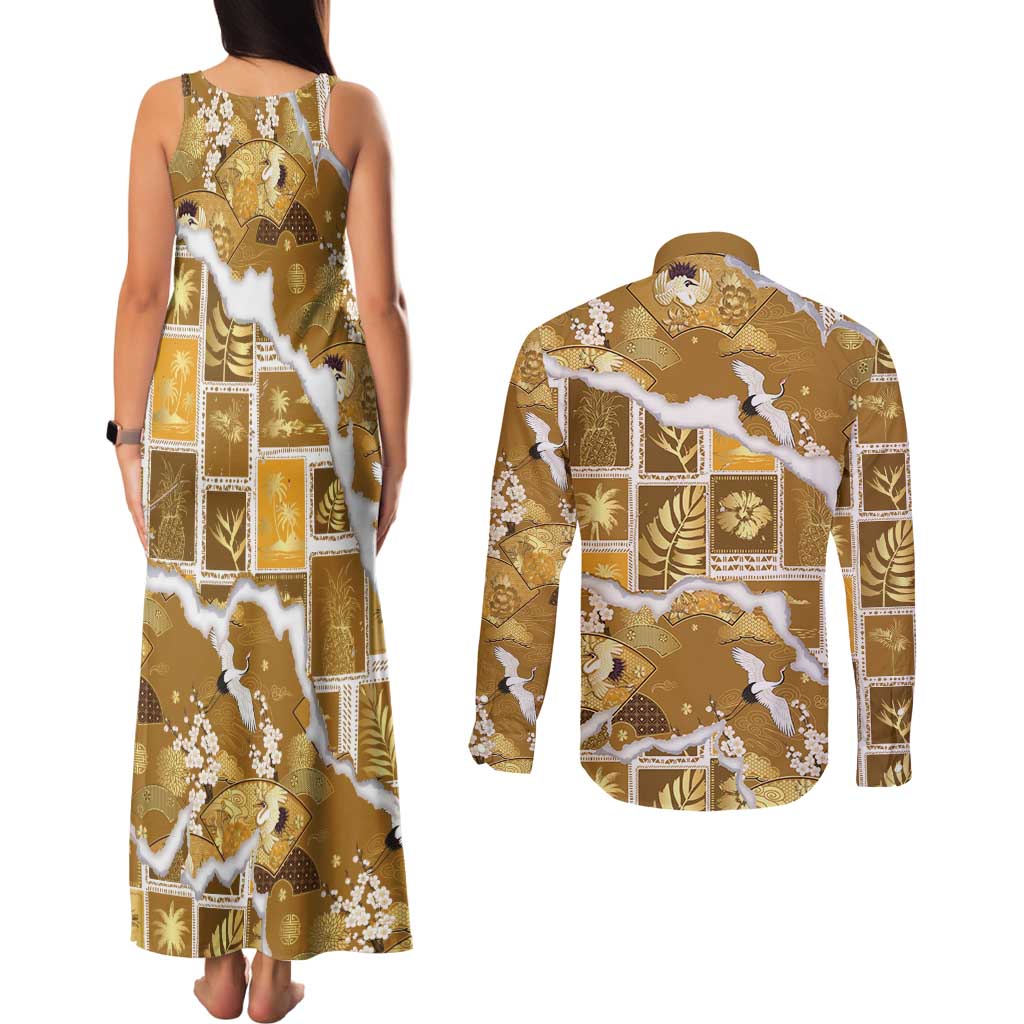 Hawaii Japanese Culture Gold Couples Matching Tank Maxi Dress and Long Sleeve Button Shirt Spring Cranes Aloha Pattern LT01 - Polynesian Pride