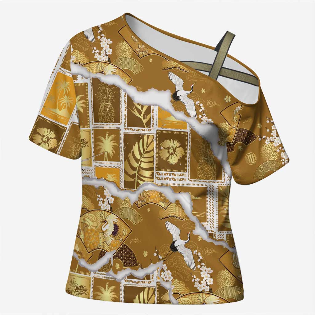 Hawaii Japanese Culture Gold Cross Shoulder Shirt Spring Cranes Aloha Pattern LT01 Female Gold - Polynesian Pride