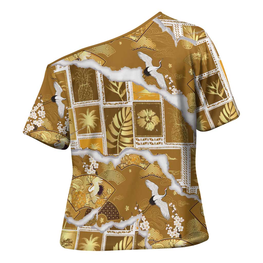 Hawaii Japanese Culture Gold Cross Shoulder Shirt Spring Cranes Aloha Pattern LT01 - Polynesian Pride