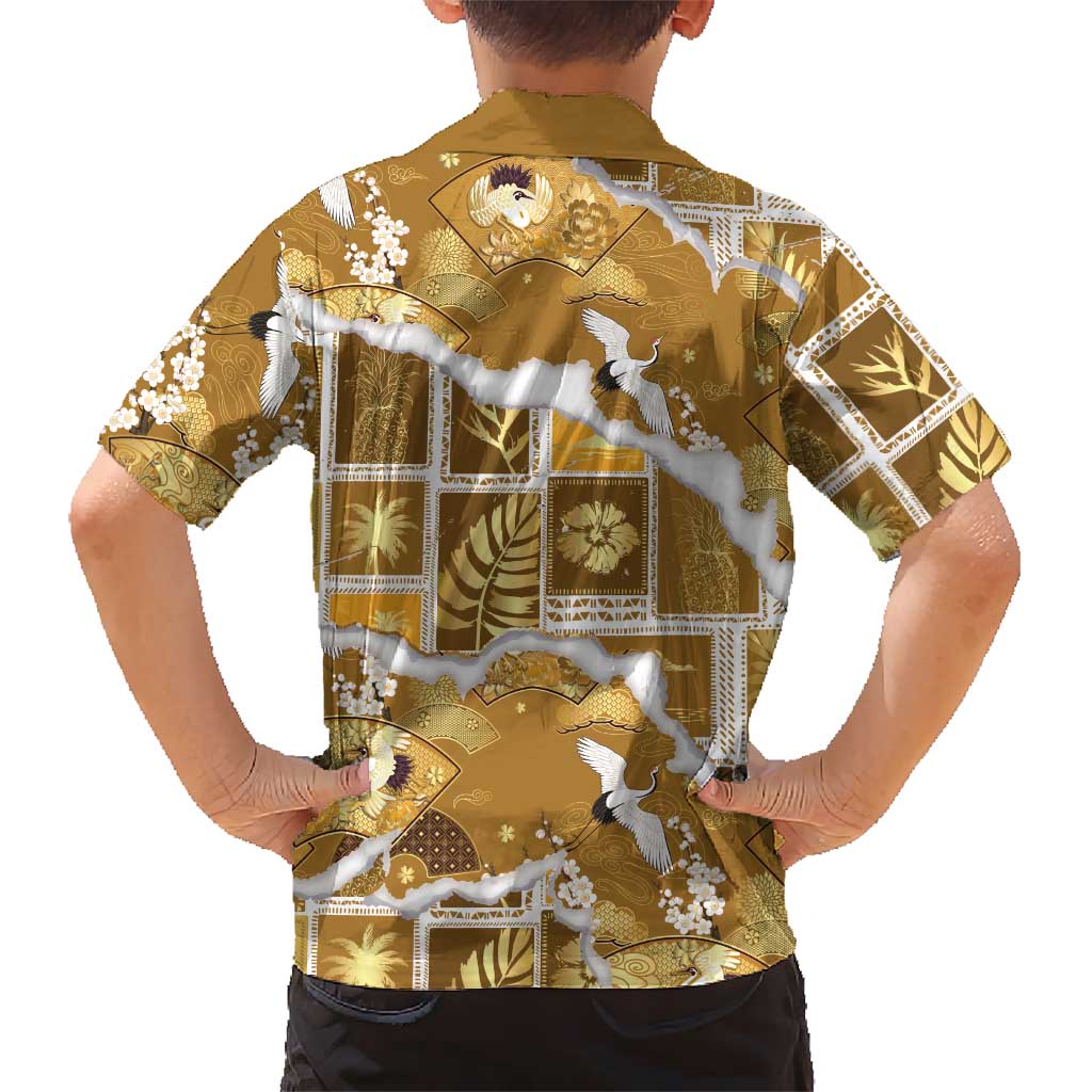 Hawaii Japanese Culture Gold Family Matching Long Sleeve Bodycon Dress and Hawaiian Shirt Spring Cranes Aloha Pattern