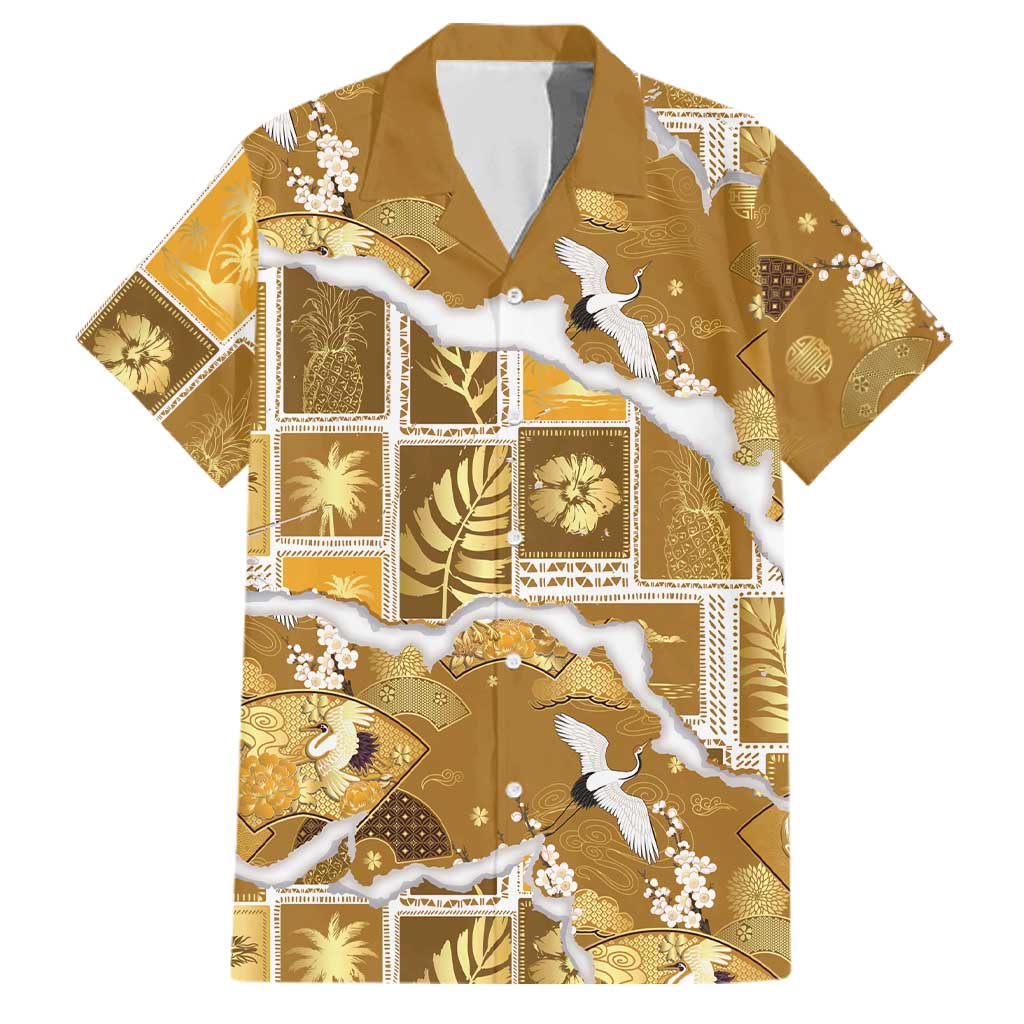 Hawaii Japanese Culture Gold Family Matching Long Sleeve Bodycon Dress and Hawaiian Shirt Spring Cranes Aloha Pattern