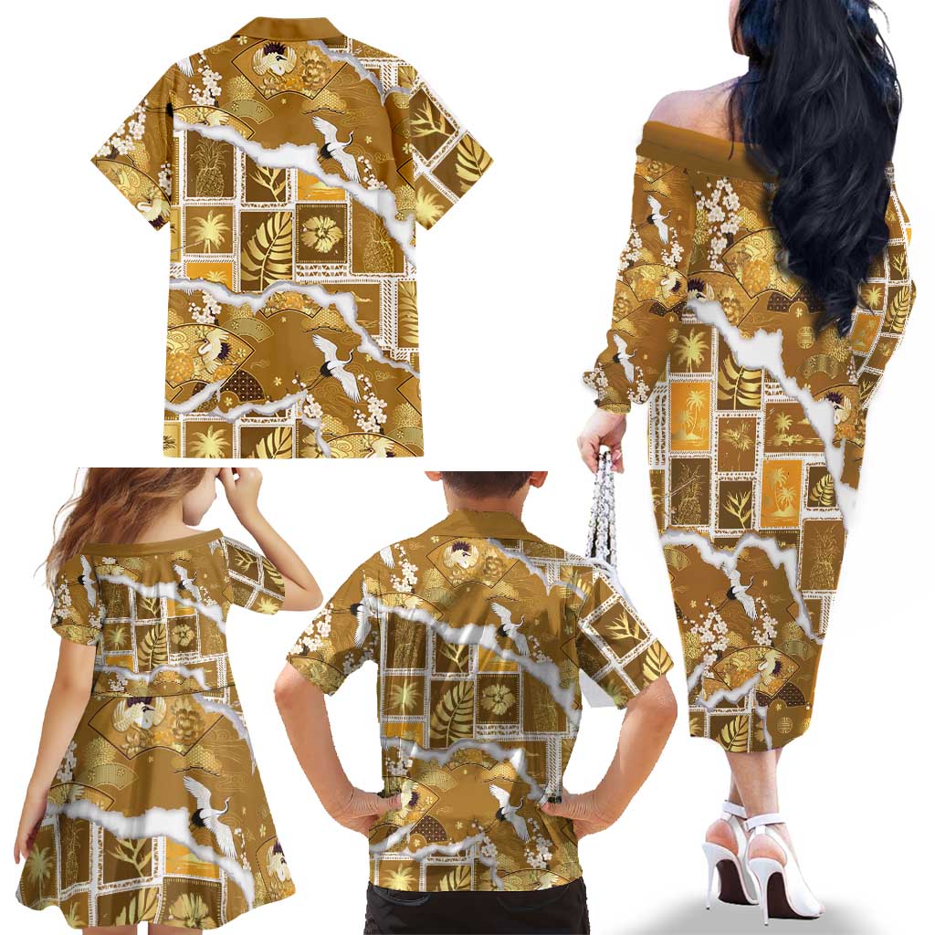 Hawaii Japanese Culture Gold Family Matching Off The Shoulder Long Sleeve Dress and Hawaiian Shirt Spring Cranes Aloha Pattern