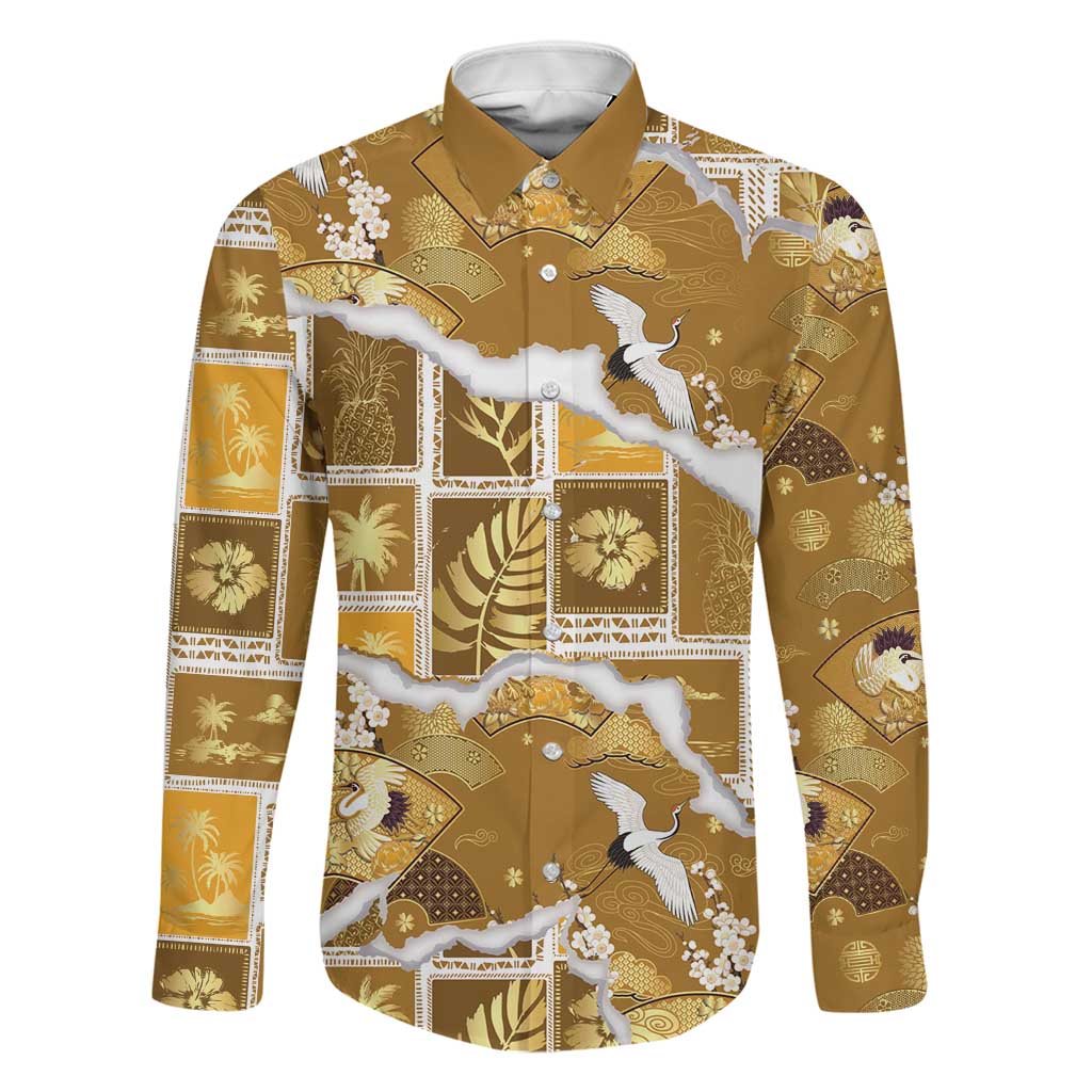 Hawaii Japanese Culture Gold Family Matching Off Shoulder Maxi Dress and Hawaiian Shirt Spring Cranes Aloha Pattern
