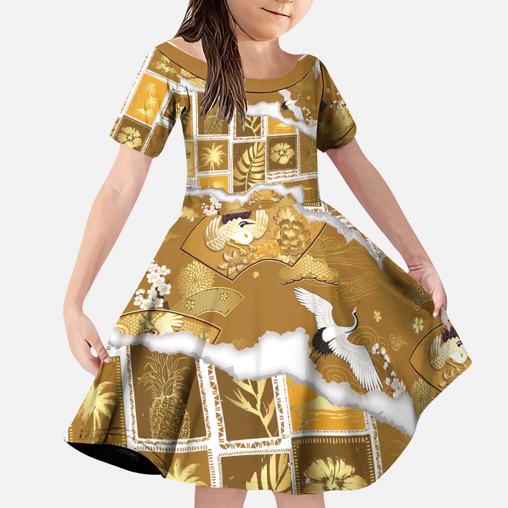 Hawaii Japanese Culture Gold Family Matching Off Shoulder Short Dress and Hawaiian Shirt Spring Cranes Aloha Pattern