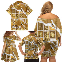 Hawaii Japanese Culture Gold Family Matching Off Shoulder Short Dress and Hawaiian Shirt Spring Cranes Aloha Pattern