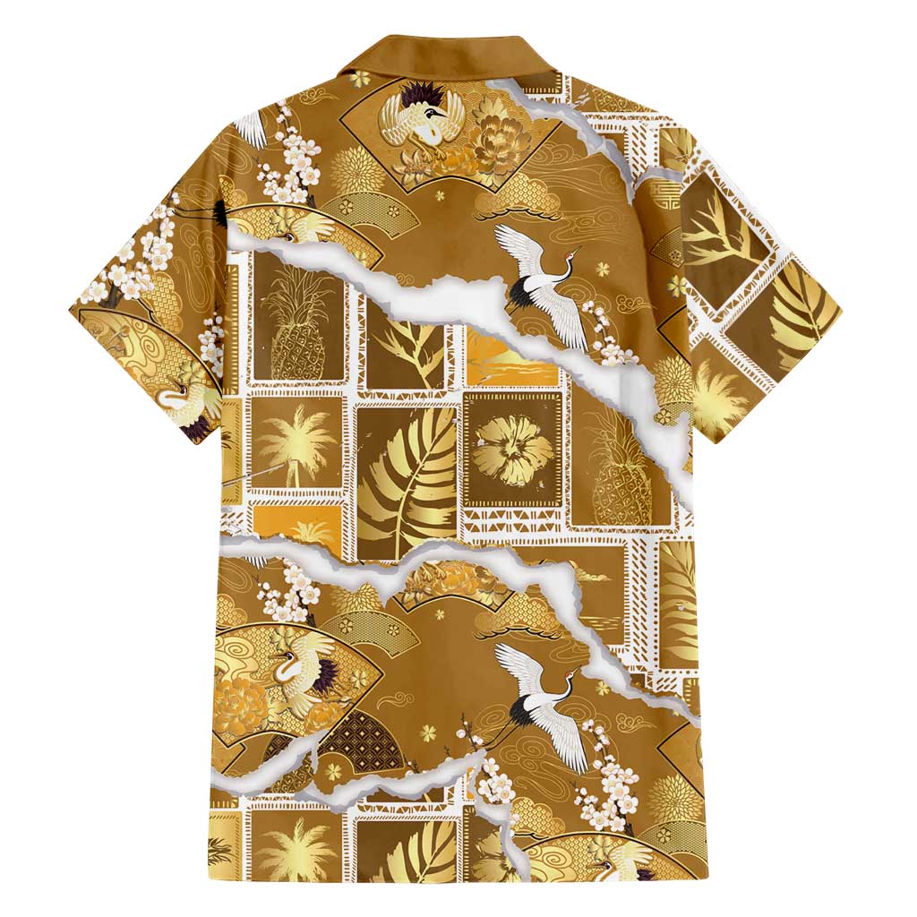 Hawaii Japanese Culture Gold Family Matching Off Shoulder Short Dress and Hawaiian Shirt Spring Cranes Aloha Pattern