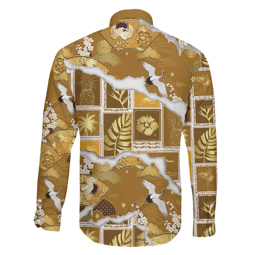 Hawaii Japanese Culture Gold Family Matching Off Shoulder Short Dress and Hawaiian Shirt Spring Cranes Aloha Pattern