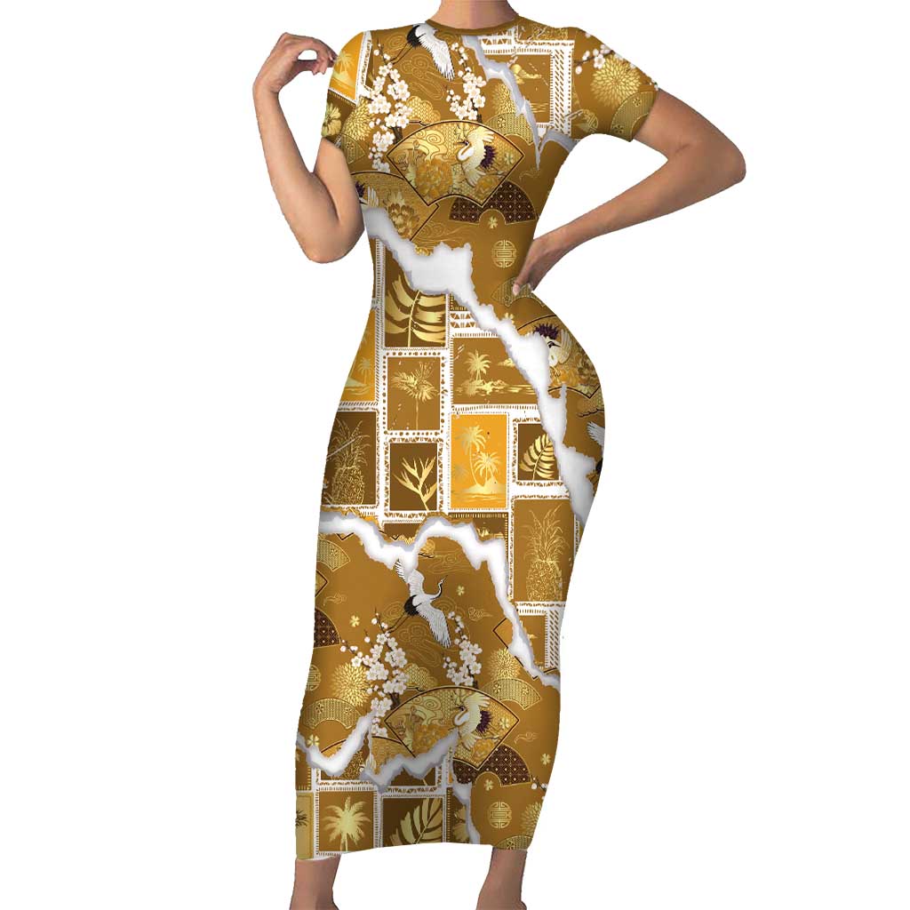 Hawaii Japanese Culture Gold Family Matching Short Sleeve Bodycon Dress and Hawaiian Shirt Spring Cranes Aloha Pattern