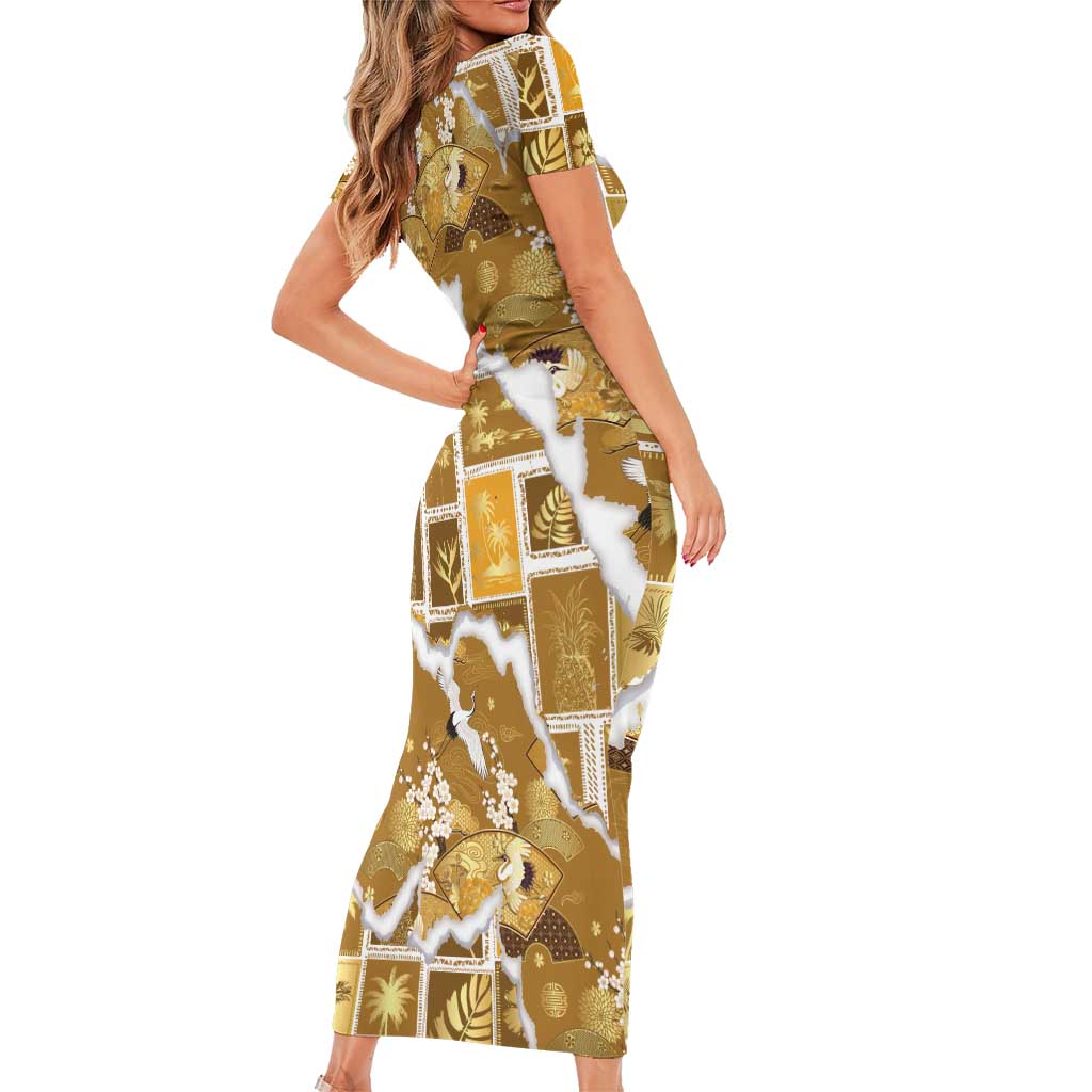 Hawaii Japanese Culture Gold Family Matching Short Sleeve Bodycon Dress and Hawaiian Shirt Spring Cranes Aloha Pattern