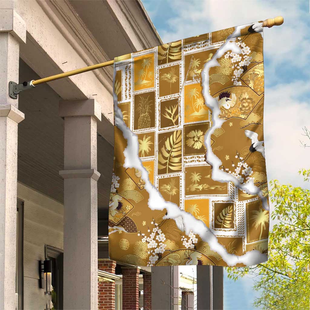 Hawaii Japanese Culture Gold Garden Flag Spring Cranes Aloha Pattern LT01 House Flag Gold - Polynesian Pride