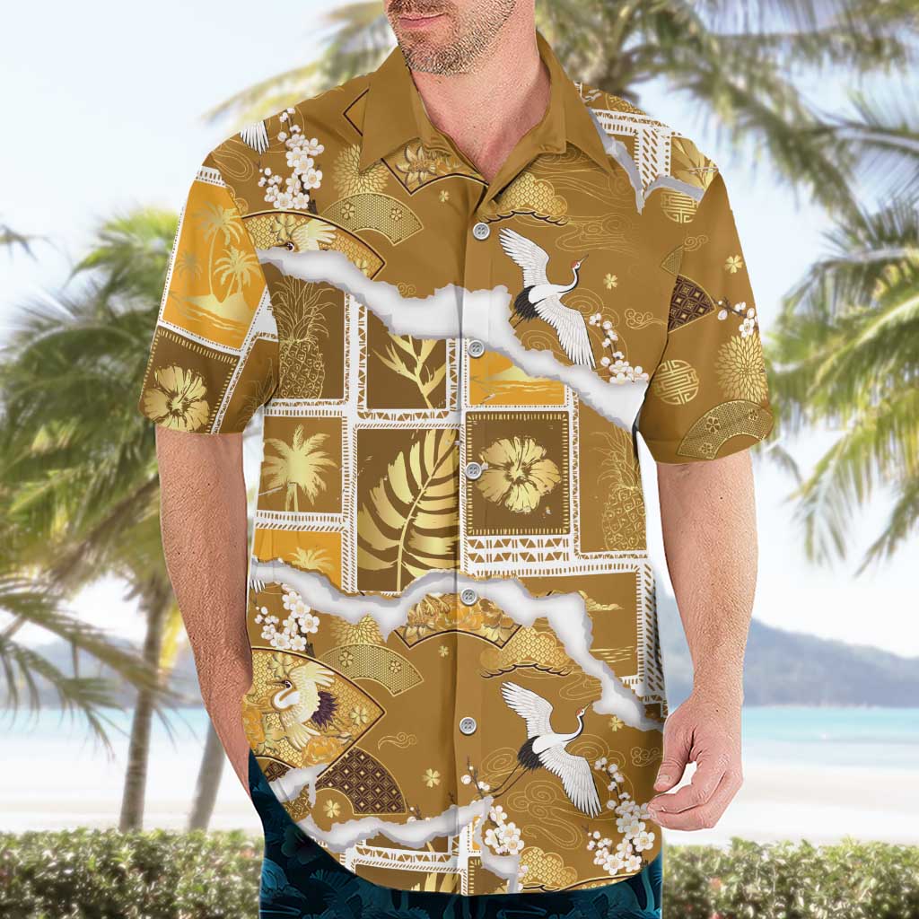 Hawaii Japanese Culture Gold Hawaiian Shirt Spring Cranes Aloha Pattern LT01 - Polynesian Pride