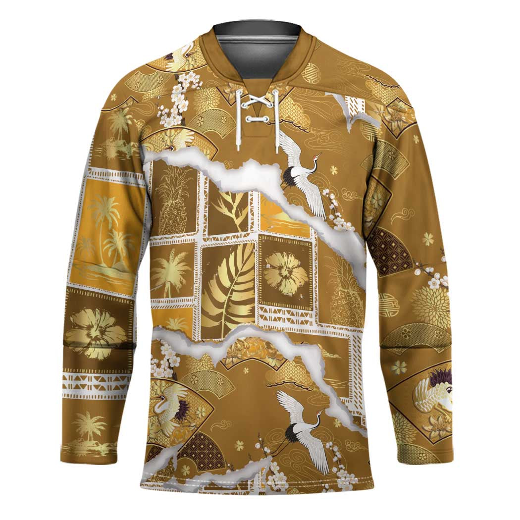 Hawaii Japanese Culture Gold Hockey Jersey Spring Cranes Aloha Pattern LT01 Unisex Gold - Polynesian Pride