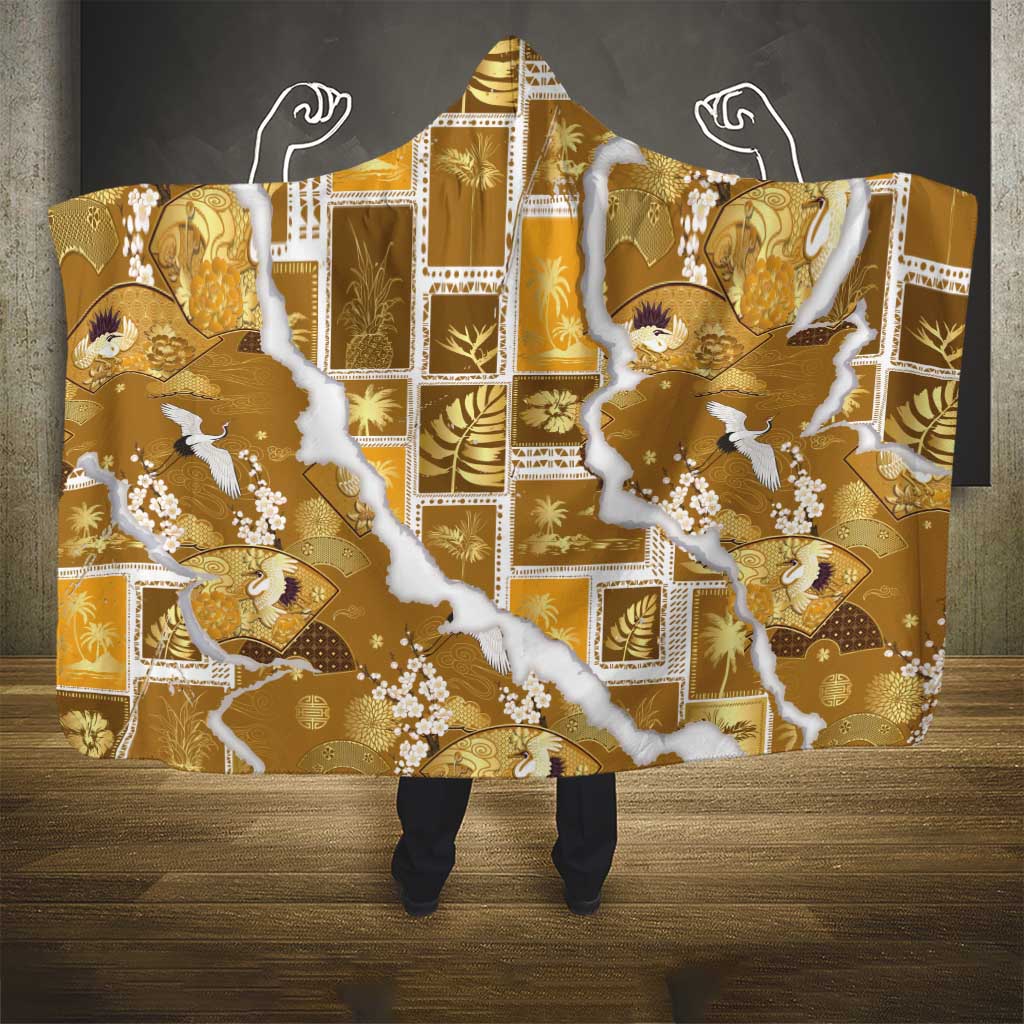 Hawaii Japanese Culture Gold Hooded Blanket Spring Cranes Aloha Pattern LT01 - Polynesian Pride