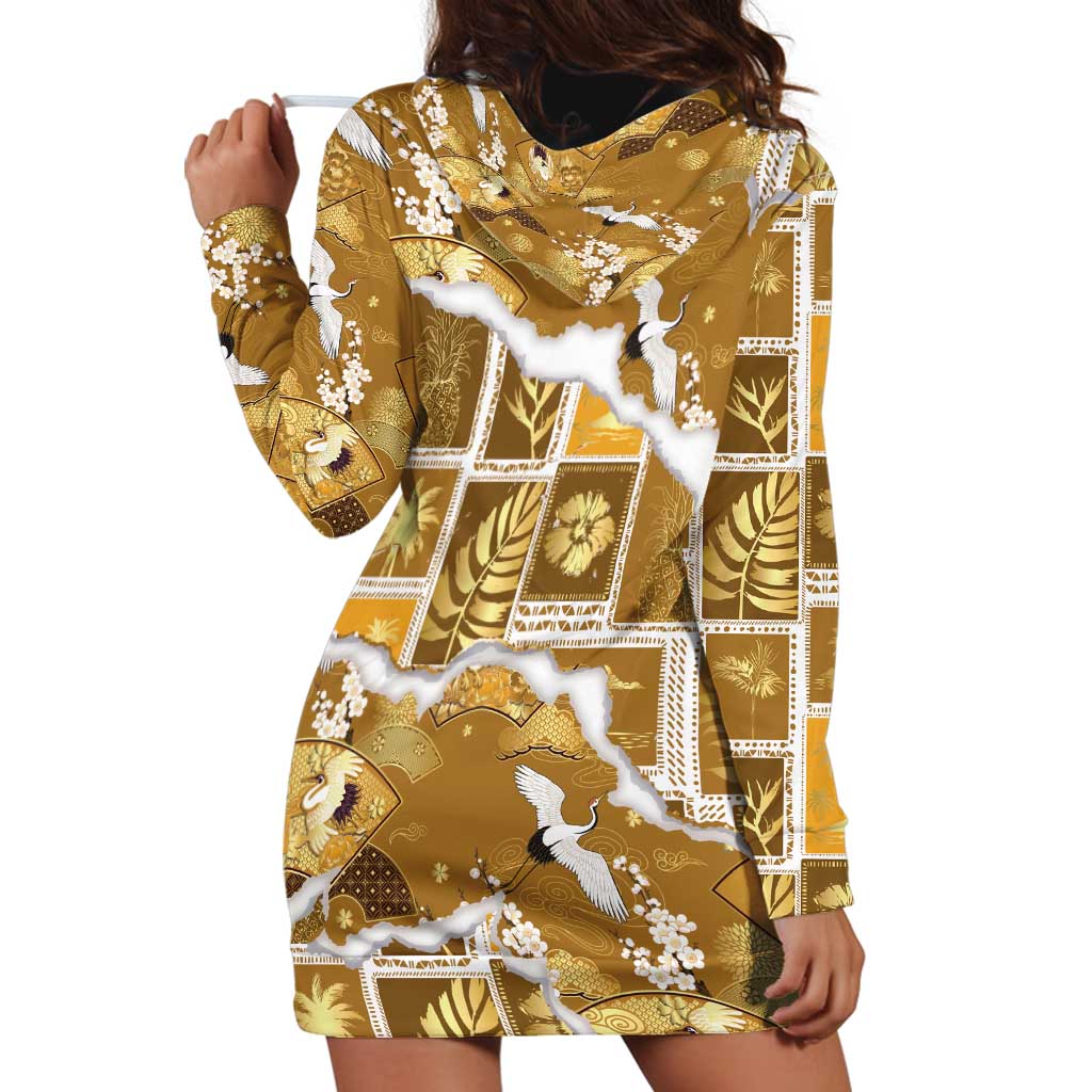 Hawaii Japanese Culture Gold Hoodie Dress Spring Cranes Aloha Pattern LT01 - Polynesian Pride