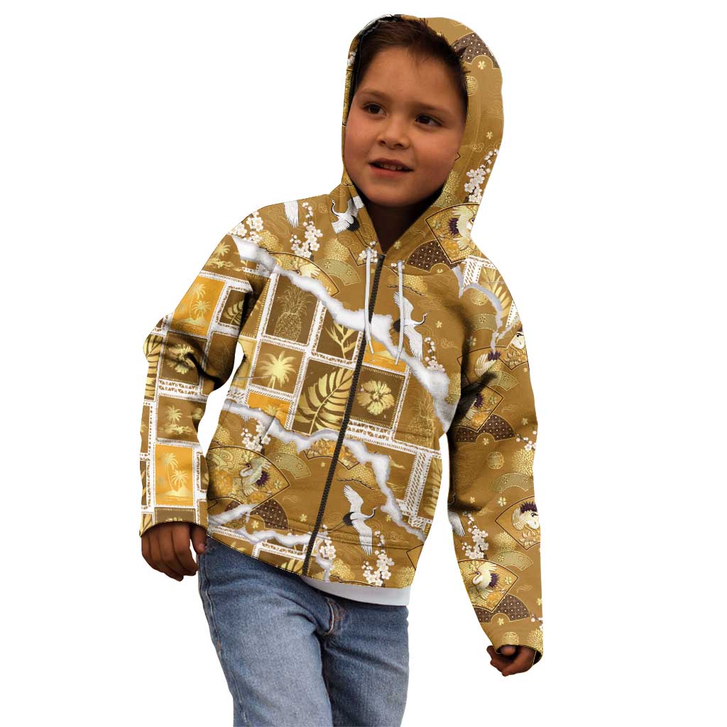Hawaii Japanese Culture Gold Kid Hoodie Spring Cranes Aloha Pattern LT01 - Polynesian Pride