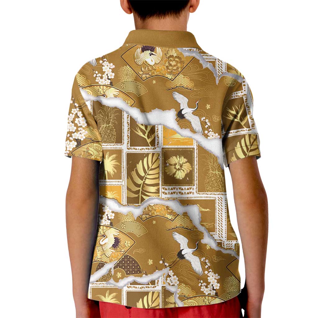 Hawaii Japanese Culture Gold Kid Polo Shirt Spring Cranes Aloha Pattern LT01 - Polynesian Pride