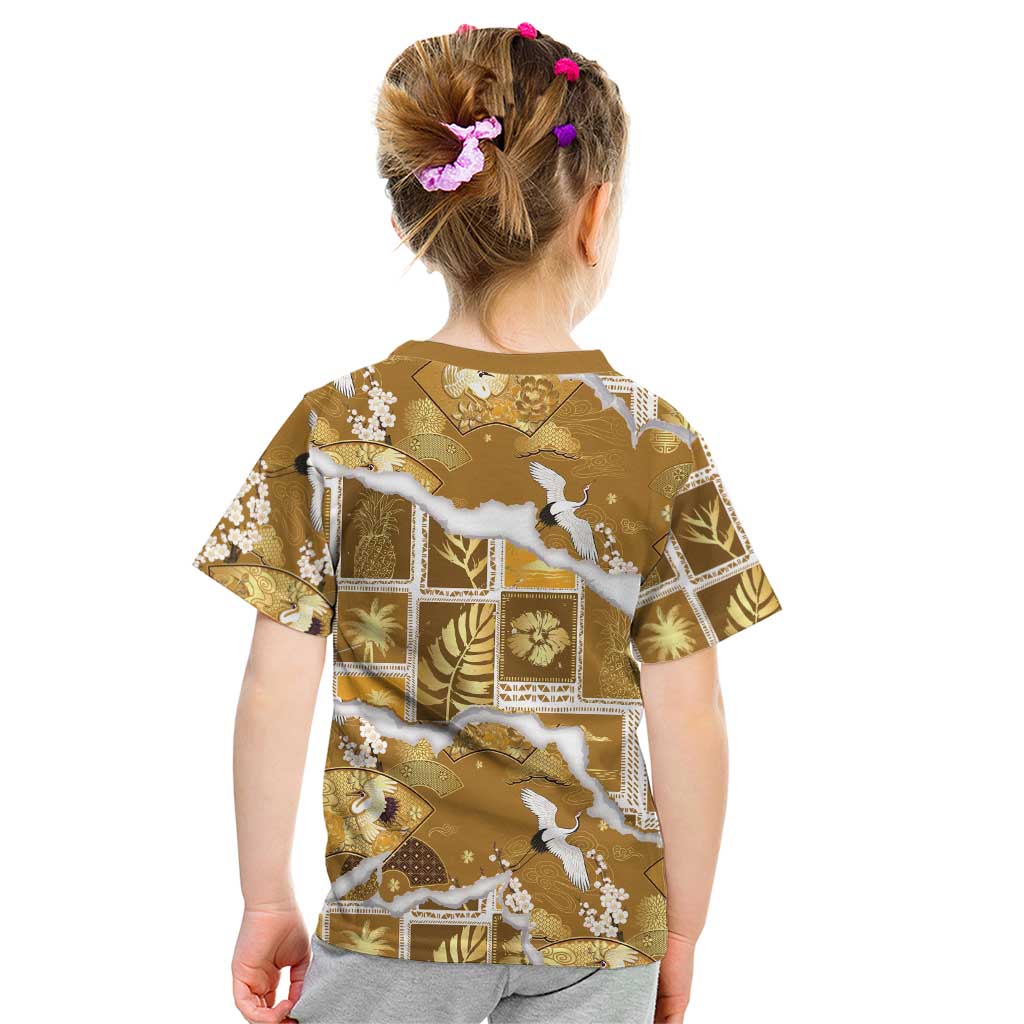 Hawaii Japanese Culture Gold Kid T Shirt Spring Cranes Aloha Pattern LT01 - Polynesian Pride