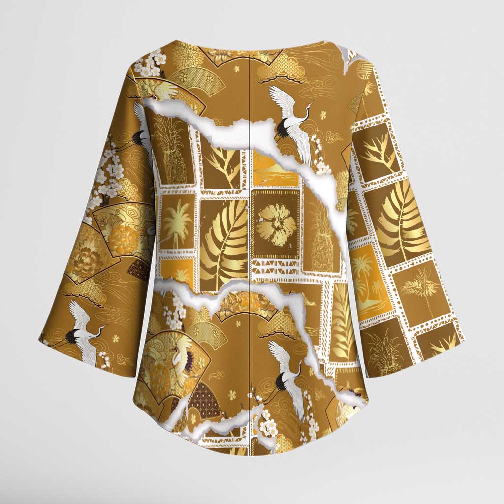 Hawaii Japanese Culture Gold Kimono Sleeve Blouse Spring Cranes Aloha Pattern LT01 - Polynesian Pride