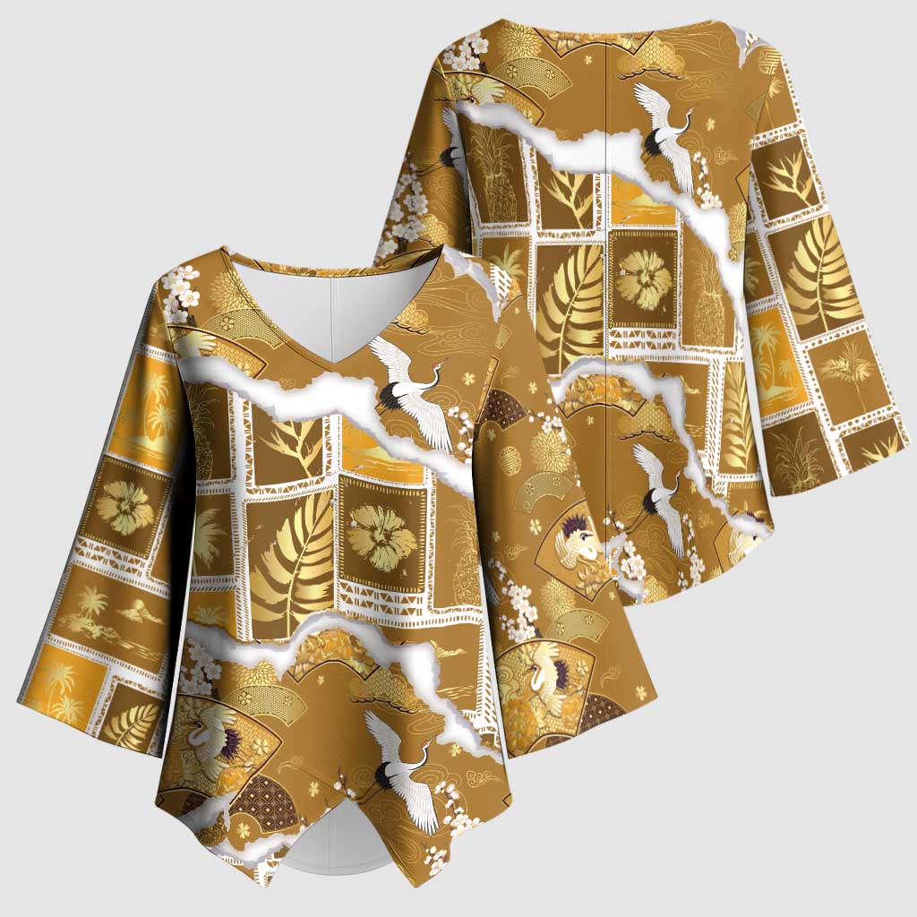 Hawaii Japanese Culture Gold Kimono Sleeve Blouse Spring Cranes Aloha Pattern LT01 - Polynesian Pride