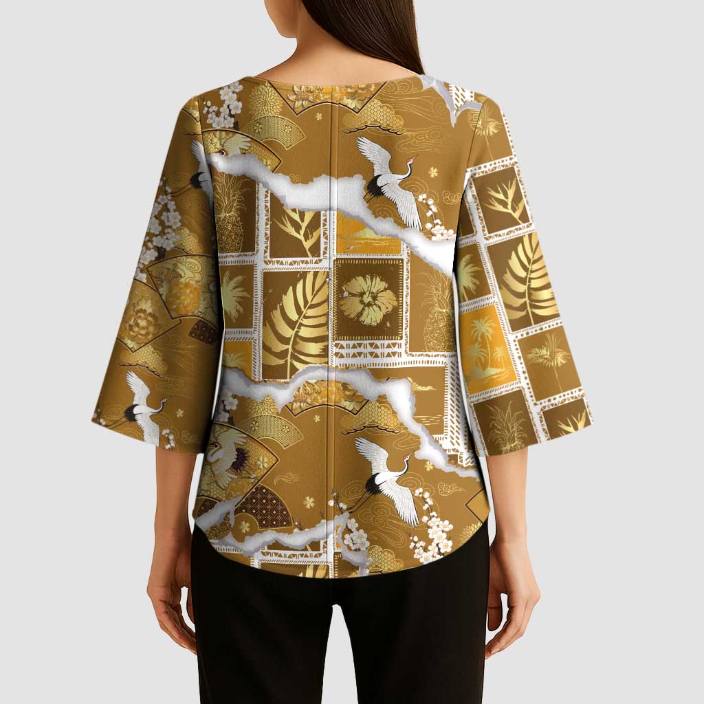 Hawaii Japanese Culture Gold Kimono Sleeve Blouse Spring Cranes Aloha Pattern LT01 - Polynesian Pride