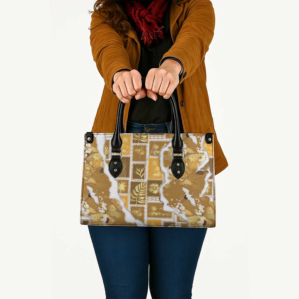 Hawaii Japanese Culture Gold Leather Bag Spring Cranes Aloha Pattern LT01 - Polynesian Pride