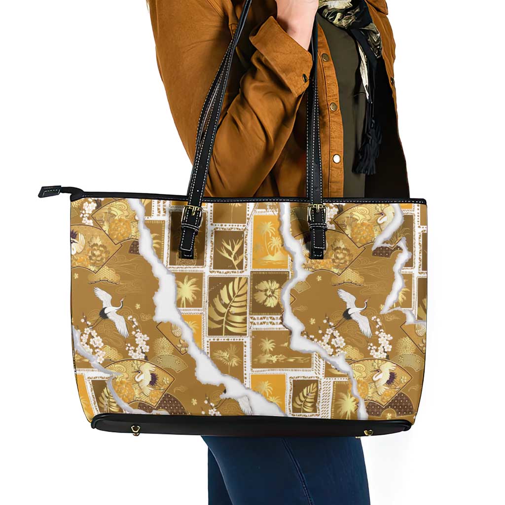 Hawaii Japanese Culture Gold Leather Tote Bag Spring Cranes Aloha Pattern LT01 - Polynesian Pride