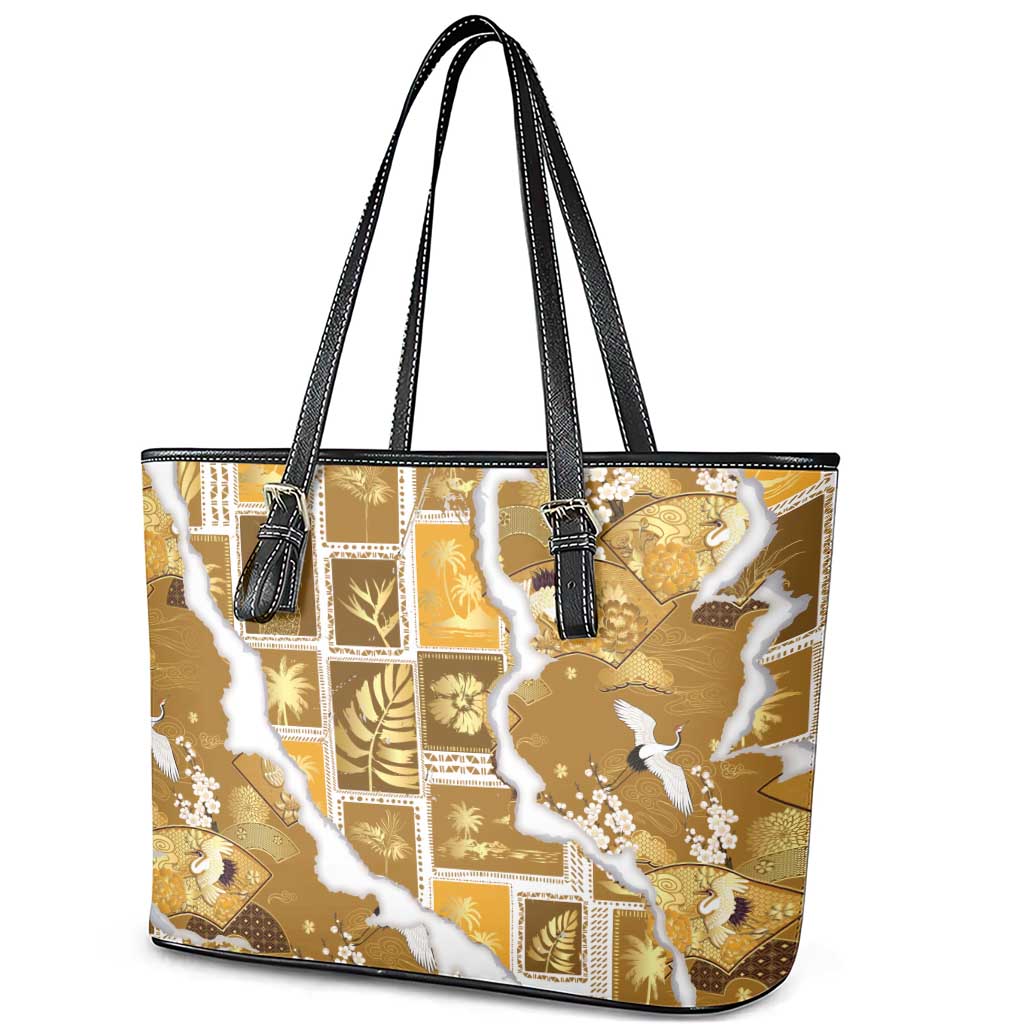 Hawaii Japanese Culture Gold Leather Tote Bag Spring Cranes Aloha Pattern LT01 - Polynesian Pride