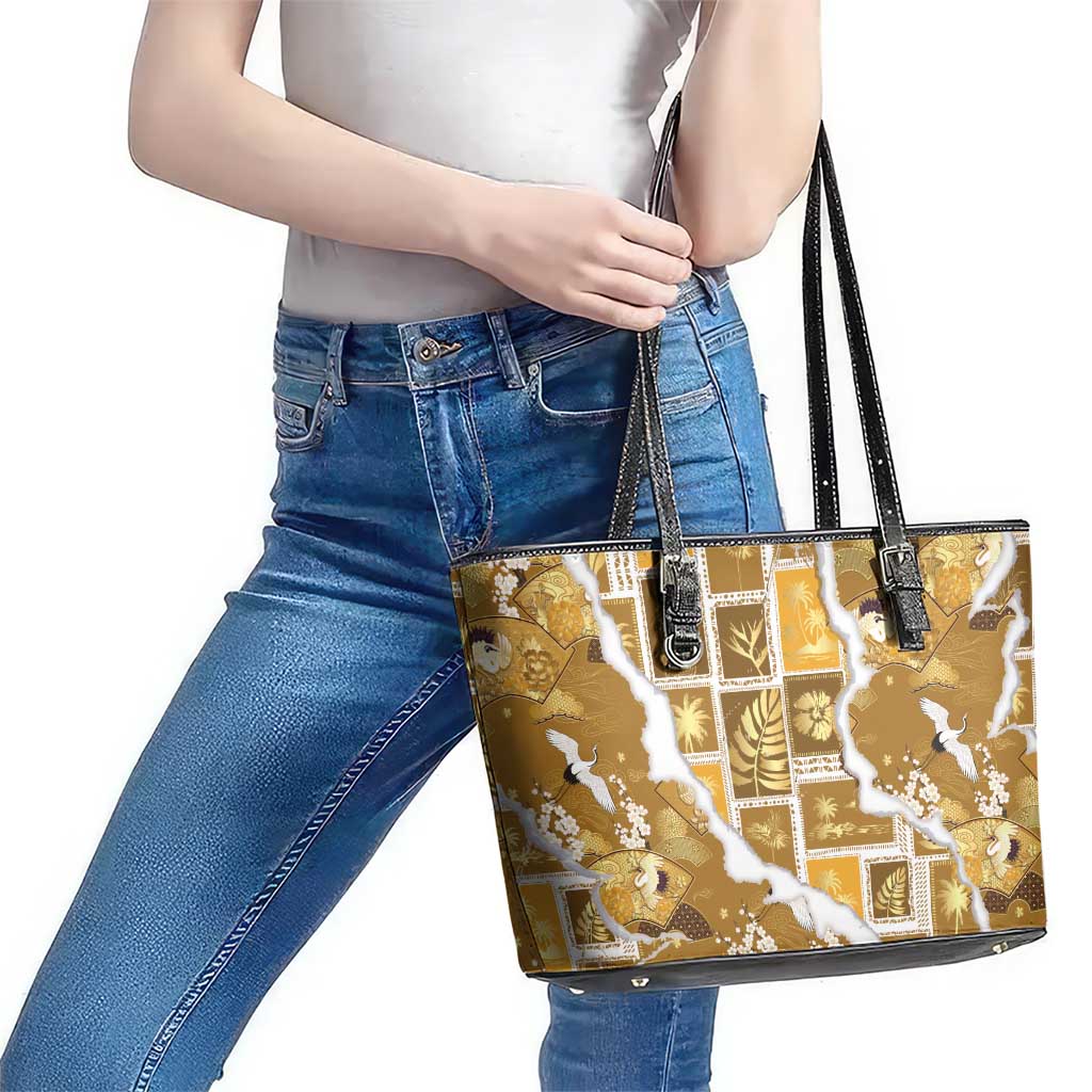 Hawaii Japanese Culture Gold Leather Tote Bag Spring Cranes Aloha Pattern LT01 - Polynesian Pride