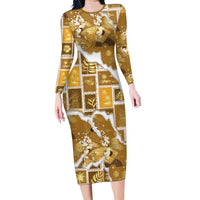 Hawaii Japanese Culture Gold Long Sleeve Bodycon Dress Spring Cranes Aloha Pattern LT01 Long Dress Gold - Polynesian Pride